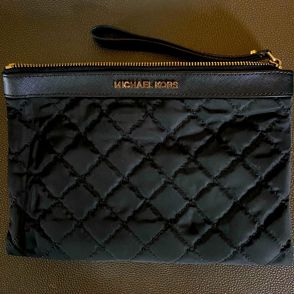 Michael Kors- Black nylon quilted wristlet with card slots and  zipper
